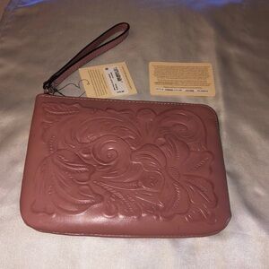 Patricia Nash Cassini Burnished Tooled Leather Wristlet Color Old Rose NWT